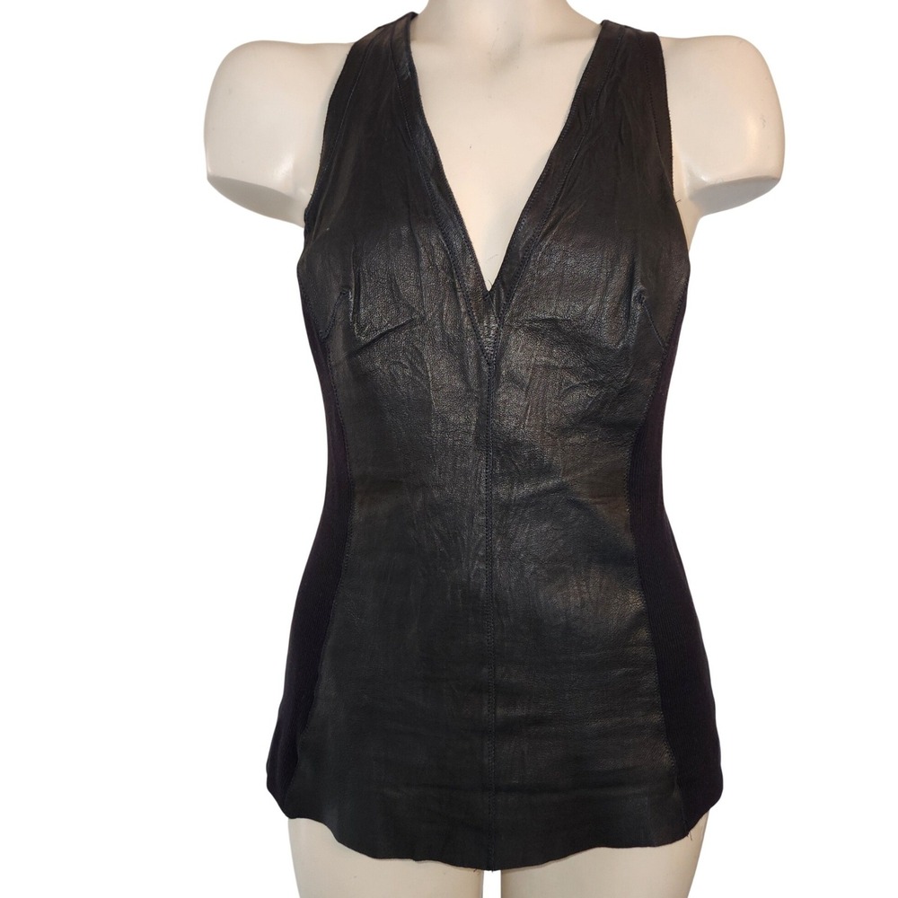 Illia Black Genuine Leather Front Ribbed Racerback Tank Top V-Neck Made in USA